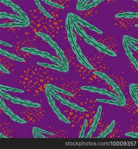 Random seamless doodle pattern with abstract bright green seaweed foliage shapes. Purple background with splashes. Perfect for fabric design, textile print, wrapping, cover. Vector illustration.. Random seamless doodle pattern with abstract bright green seaweed foliage shapes. Purple background with splashes.