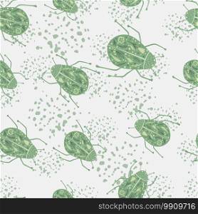 Random seamless doodle pattern with hand drawn folk bugs elements. Insect simple shapes in green tones on white background with splashes. Vector illustration.. Random seamless doodle pattern with hand drawn folk bugs elements. Insect simple shapes in green tones on white background with splashes.