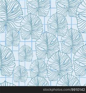 Random seamless doodle pattern with nature monstera outline print. Hawaii tropical ornament with blue contour and chequered background. For fabric design, textile, wrapping, cover. Vector illustration. Random seamless doodle pattern with nature monstera outline print. Hawaii tropical ornament with blue contour and chequered background.