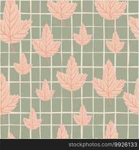 Random seamless doodle pattern with pastel pink maple leaf silhouettes. Grey background with check. Perfect for fabric design, textile print, wrapping, cover. Vector illustration.. Random seamless doodle pattern with pastel pink leaf silhouettes. Grey background with check.