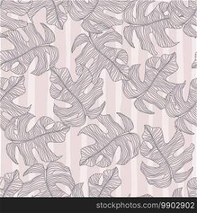 Random seamless doodle pattern with purple contiured monstera leaves silhouette. Stripped background. Designed for fabric design, textile print, wrapping, cover. Vector illustration.. Random seamless doodle pattern with purple contiured monstera leaves silhouette. Stripped background.