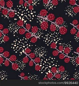 Random seamless fresh food pattern with simple pink colored blackberries. Black background with splashes. Designed for fabric design, textile print, wrapping, cover. Vector illustration. Random seamless fresh food pattern with simple pink colored blackberries. Black background with splashes.