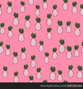Random seamless fruit pattern with dragon fruit ornament. Doodle food shapes on pink background. Perfect for fabric design, textile print, wrapping, cover. Vector illustration.. Random seamless fruit pattern with dragon fruit ornament. Doodle food shapes on pink background.