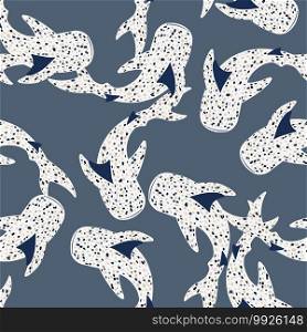 Random seamless marine pattern with white whale sharks. Blue dark pale background. Perfect for fabric design, textile print, wrapping, cover. Vector illustration.. Random seamless marine pattern with white whale sharks. Blue dark pale background.