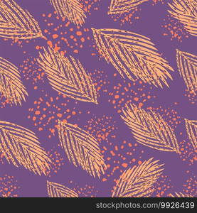 Random seamless new year pattern with bright orange fir tree branches. Purple background with splashes. Decorative backdrop for fabric design, textile print, wrapping, cover. Vector illustration.. Random seamless new year pattern with bright orange fir tree branches. Purple background with splashes.