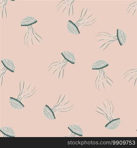 Random seamless pastel tones pattern with jellyfishes. Light grey underwater ornament on soft pink background. Designed for wallpaper, textile, wrapping paper, fabric print. Vector illustration.. Random seamless pastel tones pattern with jellyfishes. Light grey underwater ornament on soft pink background.