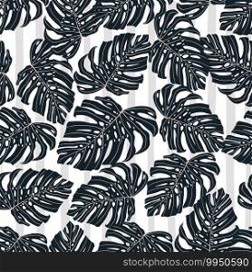 Random seamless pattern in abstract style with black monstera shapes on light background. Decorative backdrop for wallpaper, textile, wrapping paper, fabric print. Vector illustration.. Random seamless pattern in abstract style with black monstera shapes on light background.
