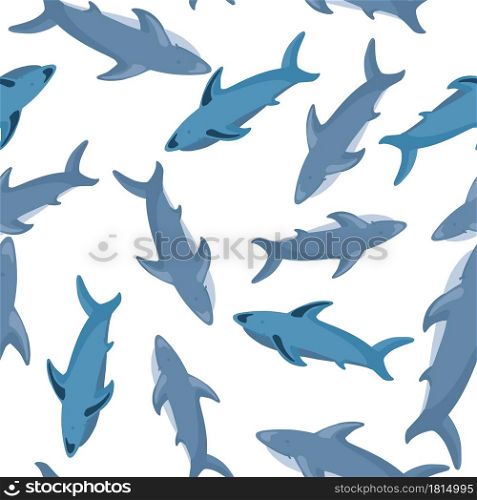 Random seamless pattern with blue shark silhouettes print. White background. Nature wildlife print. Designed for fabric design, textile print, wrapping, cover. Vector illustration.. Random seamless pattern with blue shark silhouettes print. White background. Nature wildlife print.