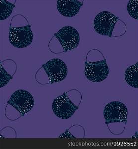 Random seamless pattern with doodle boling pot ornament. Purple bright background. Decorative backdrop for fabric design, textile print, wrapping, cover. Vector illustration. Random seamless pattern with doodle boling pot ornament. Purple bright background.
