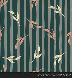 Random seamless pattern with falling foliage doodle print. Simple leaf branches on striped grey background. Perfect for fabric design, textile print, wrapping, cover. Vector illustration.. Random seamless pattern with falling foliage doodle print. Simple leaf branches on striped grey background.