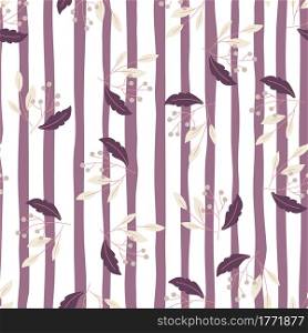 Random seamless pattern with floral decorative berry branch ornament. Purple and white striped background. Great for fabric design, textile print, wrapping, cover. Vector illustration.. Random seamless pattern with floral decorative berry branch ornament. Purple and white striped background.