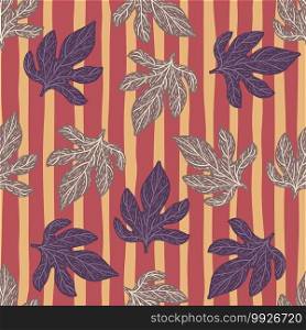Random seamless pattern with grey and purple foliage autumn shapes. Striped red and orange background. Designed for fabric design, textile print, wrapping, cover. Vector illustration. Random seamless pattern with grey and purple foliage autumn shapes. Striped red and orange background.