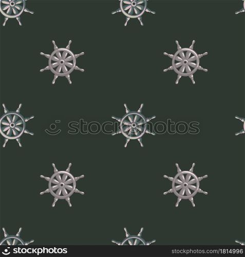 Random seamless pattern with grey colored ship wheel ornament. Black background. Sailboat backdrop. Designed for fabric design, textile print, wrapping, cover. Vector illustration.. Random seamless pattern with grey colored ship wheel ornament. Black background. Sailboat backdrop.