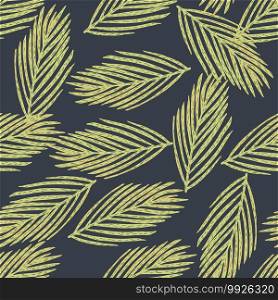 Random seamless pattern with hand drawn new year yellow fir branches ornament. Navy blue background. Decorative backdrop for fabric design, textile print, wrapping, cover. Vector illustration.. Random seamless pattern with hand drawn new year yellow fir branches ornament. Navy blue background.