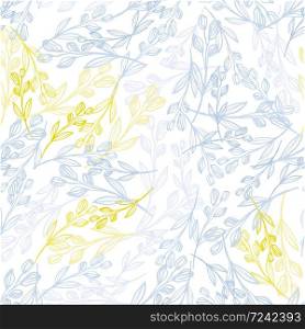 Random seamless pattern with herbal branches in blue and yellow tones. White background. Decorative backdrop for fabric design, textile print, wrapping, cover. Vector illustration.. Random seamless pattern with herbal branches in blue and yellow tones. White background.