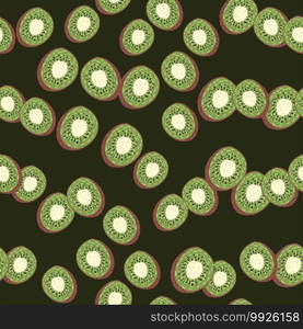 Random seamless pattern with little green kiwi slice elements. Dark background. Healthy food print. Designed for fabric design, textile print, wrapping, cover. Vector illustration.. Random seamless pattern with little green kiwi slice elements. Dark background. Healthy food print.