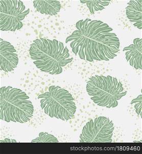 Random seamless pattern with pale green monstera leaf silhouettes. Grey background with splashes. Decorative backdrop for fabric design, textile print, wrapping, cover. Vector illustration.. Random seamless pattern with pale green monstera leaf silhouettes. Grey background with splashes.