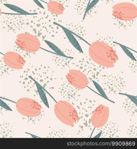 Random seamless pattern with pink tulip simple silhouettes. Light pastel background with splashes. Perfect for wallpaper, textile, wrapping paper, fabric print. Vector illustration.. Random seamless pattern with pink tulip simple silhouettes. Light pastel background with splashes.