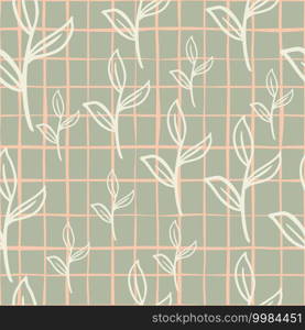 Random seamless pattern with white outline random leaf branches elements. Grey chequered background. Decorative backdrop for fabric design, textile print, wrapping, cover. Vector illustration.. Random seamless pattern with white outline random leaf branches elements. Grey chequered background.