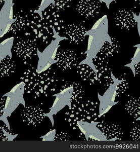Random seamless sea pattern with blue shark ornament. Black background with splashes. Decorative backdrop for fabric design, textile print, wrapping, cover. Vector illustration.. Random seamless sea pattern with blue shark ornament. Black background with splashes.