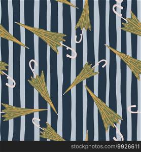 Random seamless style pattern with umbrella accessory. Striped navy blue and grey background. Perfect for fabric design, textile print, wrapping, cover. Vector illustration.. Random seamless style pattern with umbrella accessory. Striped navy blue and grey background.