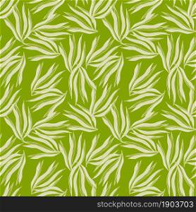 Random seaweeds seamless pattern on green background. Marine plants wallpaper. Underwater foliage backdrop. Design for fabric, textile print, wrapping, cover. Vector illustration.. Random seaweeds seamless pattern on green background.