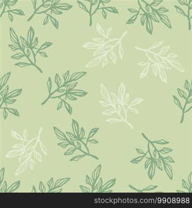 Random spring seamless pattern with green and white contoured branches. Light pastel olive background. Creative print for wallpaper, textile, wrapping paper, fabric print. Vector illustration.. Random spring seamless pattern with green and white contoured branches. Light pastel olive background.