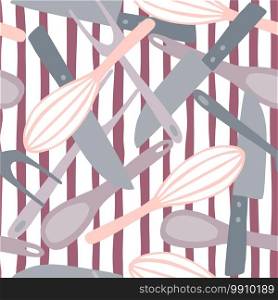 Random stylized cooking seamless pattern with knife, spoon, fork, corolla doodle silhouettes. Pastel tones kitchen equipment artwotk on striped background. Designed for fabric, textile print. Random stylized cooking seamless pattern with knife, spoon, fork, corolla doodle silhouettes. Pastel tones kitchen equipment artwotk on striped background.