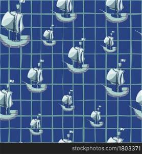 Random travel seamless pattern with doodle sailboat ship shapes. Navy blue chequered background. Designed for fabric design, textile print, wrapping, cover. Vector illustration.. Random travel seamless pattern with doodle sailboat ship shapes. Navy blue chequered background.