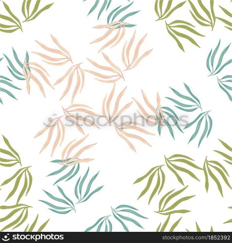 Random tropical leaves semless pattern. Abstract summer tropic leaf isolated on white background. Exotic hawaiian wallpaper. Design for fabric, textile print, wrapping, cover. Vector illustration.. Random tropical leaves semless pattern. Abstract summer tropic leaf