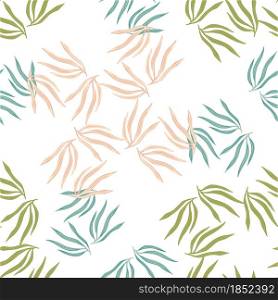 Random tropical leaves semless pattern. Abstract summer tropic leaf isolated on white background. Exotic hawaiian wallpaper. Design for fabric, textile print, wrapping, cover. Vector illustration.. Random tropical leaves semless pattern. Abstract summer tropic leaf