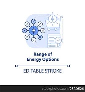 Range of energy options blue light concept icon. Energy strategy key component abstract idea thin line illustration. Isolated outline drawing. Editable stroke. Arial, Myriad Pro-Bold fonts used. Range of energy options blue light concept icon