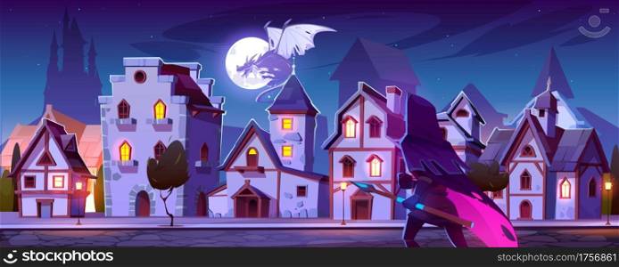 Ranger with magic spear hunt on dragon flying above medieval street with ancient half-timbered buildings and castle silhouette under night starry sky, fairy tale characters cartoon vector illustration. Ranger with magic spear hunt on dragon fly in sky