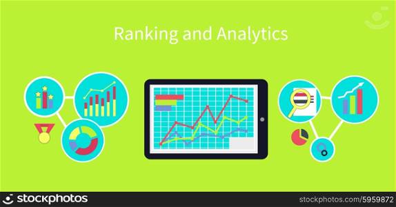 Ranking and analytics design concept. Analysis and analytics icon, data and web analytics, data analytics, business analytics, graph seo, internet web, search optimization illustration
