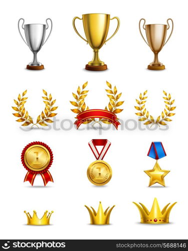 Ranking icons set of different size awards and medals isolated vector illustration