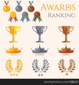 Ranking icons set of different size awards crowns and medals isolated vector illustration