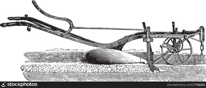 Ransome plow with excavator foot in front and leverage to dig it up, vintage engraved illustration. Industrial encyclopedia E.-O. Lami - 1875.