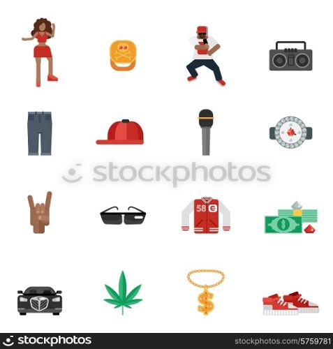 Rap and hip-hop street music flat icons set isolated vector illustration. Rap Music Flat Icons