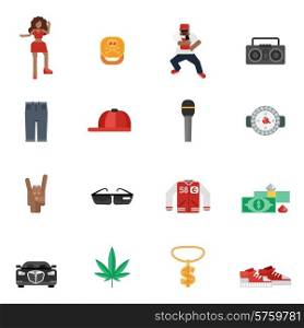 Rap and hip-hop street music flat icons set isolated vector illustration. Rap Music Flat Icons