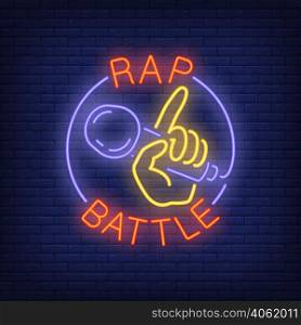 Rap battle neon text and hand holding microphone. Neon sign, night bright advertisement, colorful signboard, light banner. Vector illustration in neon style.
