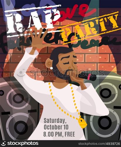 Rap concert poster with black singer and sound system on background vector illustration. Rap Concert Poster