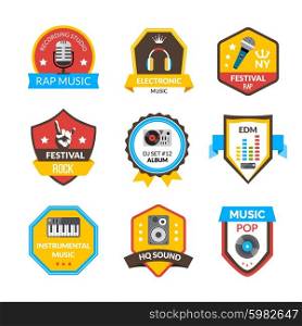 Rap hip-hop rock and other music styles label set isolated vector illustration. Music Label Set