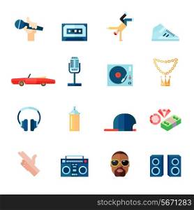 Rap hip-hop singing music flat icons set isolated vector illustration