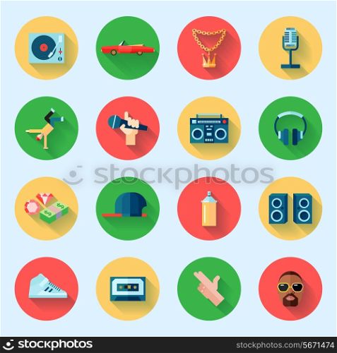 Rap hiphop singing breakdance music icons set isolated vector illustration