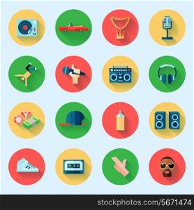 Rap hiphop singing breakdance music icons set isolated vector illustration