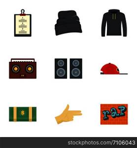 Rap icon set. Flat set of 9 rap vector icons for web design. Rap icon set, flat style