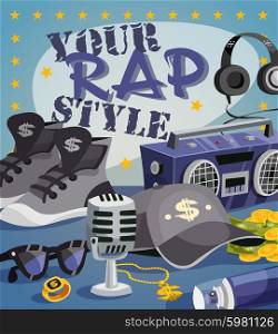 Rap music concept with cartoon hip-hop style elements vector illustration. Rap Music Concept
