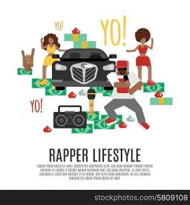 Rap music concept with rapper lifestyle accessories flat icons set vector illustration. Rap Music Concept