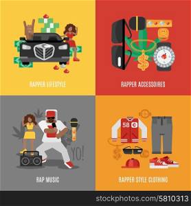 Rap music design concept set with rapper lifestyle clothing and accessories isolated vector illustration. Rap Music Flat Set