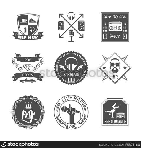 Rap music hip hop party beats label set isolated vector illustration